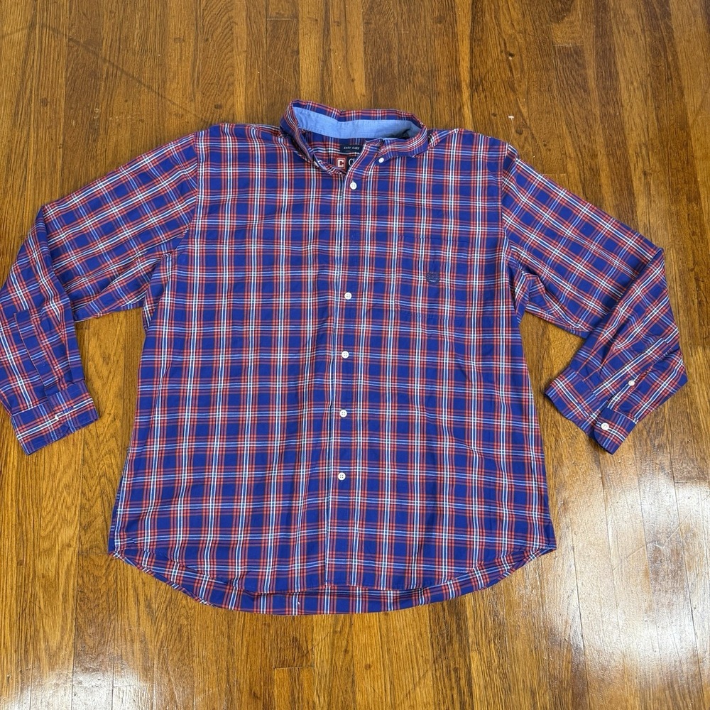 Chaps Men's Long Sleeve Plaid Button-Up Shirt 2XL Blue Red Easy Care